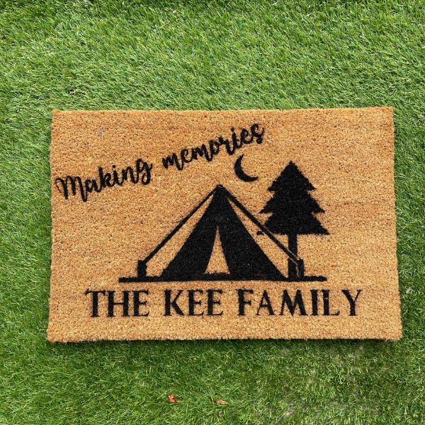 Camping doormat that says Making Memories The Kee Family