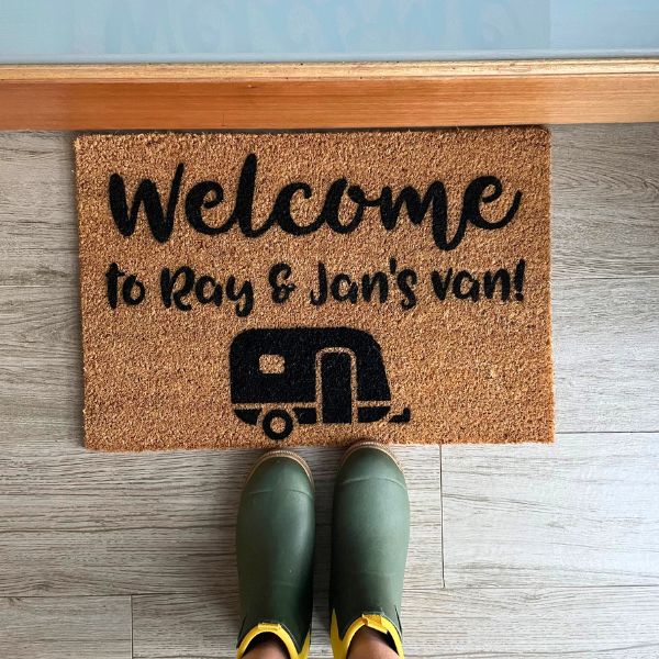 Welcome to Ray & Jan's van! personalised caravan doormat
