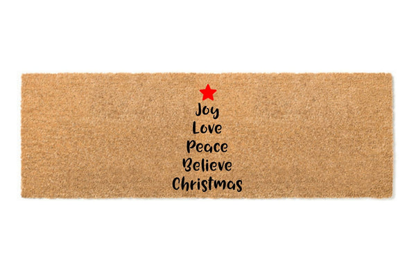 Doormat with words in shape of Christmas tree - Joy Love Peace Believe Christmas